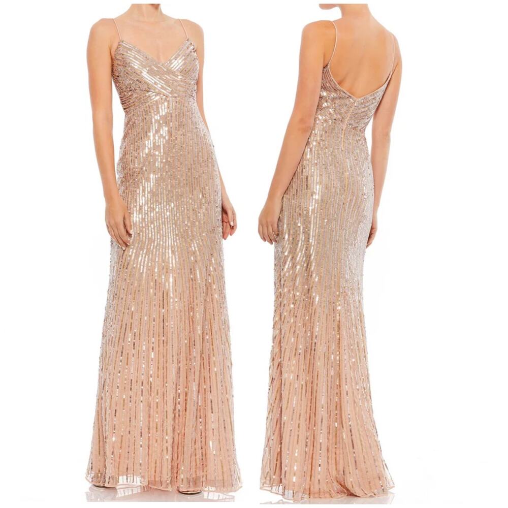 Mac Duggal NWT Beaded Sequin Stripe Spaghetti Strap Gold Gown Size 14 V-Neck